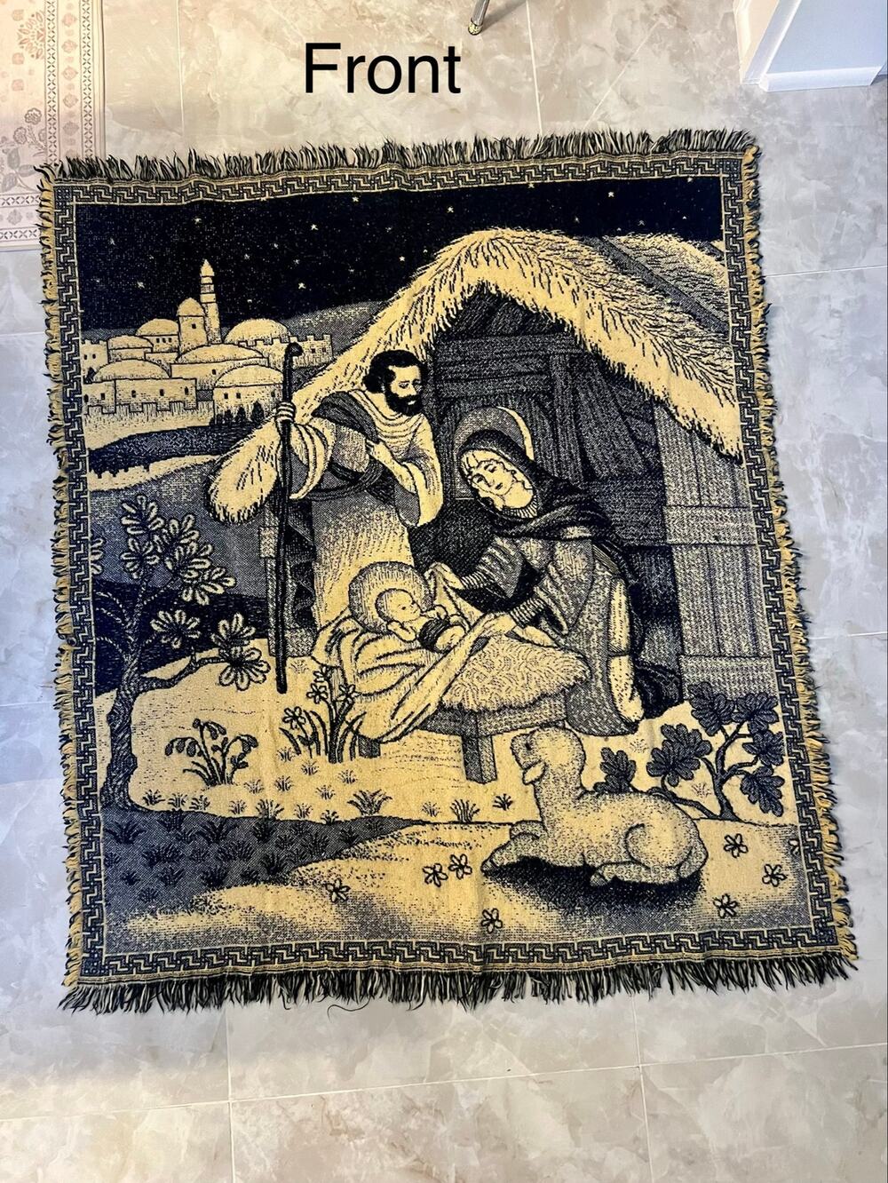 Vintage woven Nativity tapestry throw blanket 50”x44”